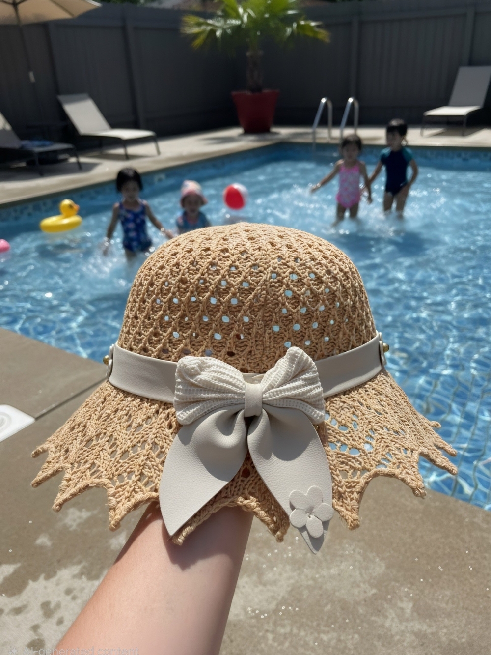 Girls' Beige Crochet Swim Coverup Hat with Cream Bow